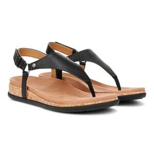 Vionic Women's 7.5 Tan Black Leather Kirra II Wedge Thong Sandals Comfort OS9-15
